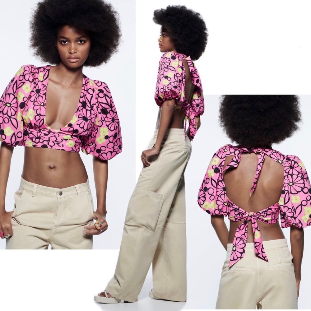 𝅺ZARA Fuchsia floral V neck balloon sleeve crop top pink yellow black Sz S NWT